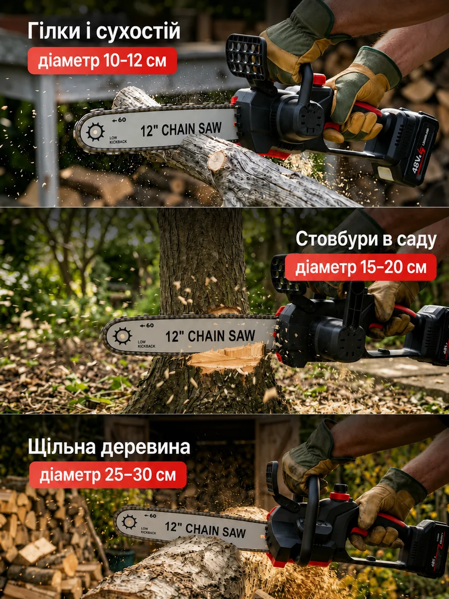 Приклади різання гілок та стовбурів акумуляторною пилкою